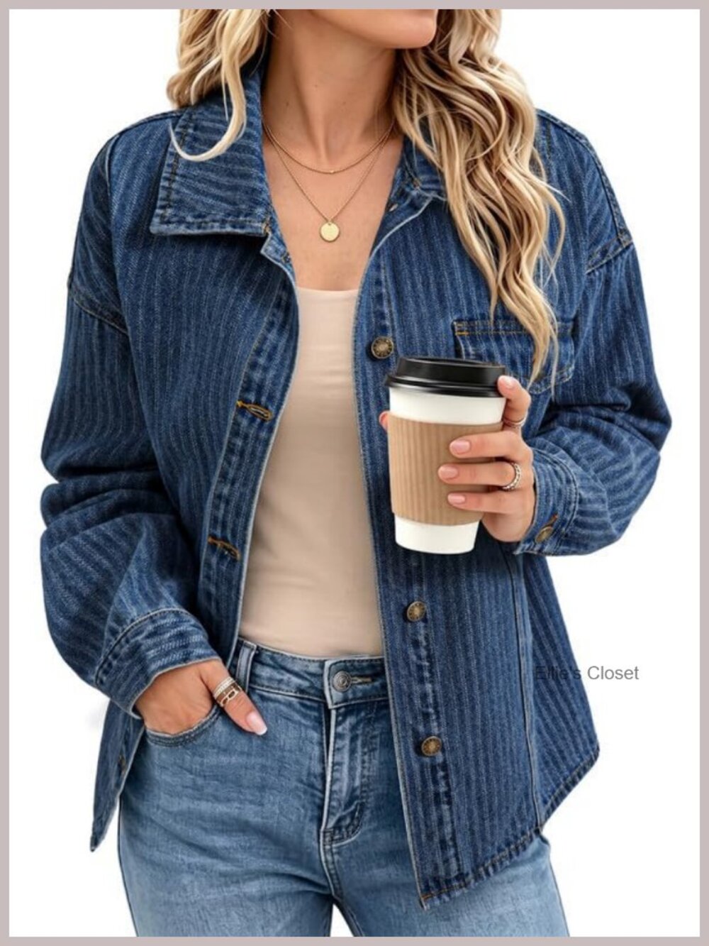 Denim Shacket Women Cotton Blend Striped Button Down Coat
